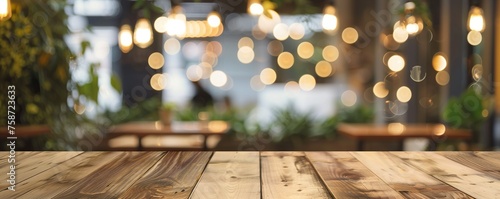 Empty wooden table  in front of a blurred background of restaurant lights © olz