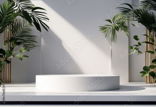podium 3D shadow white rendering Product leaves palm splay background poduim product cosmetic dais shadow palm leaf three-dimensional racked summer white marble leaf show sale scene abstract