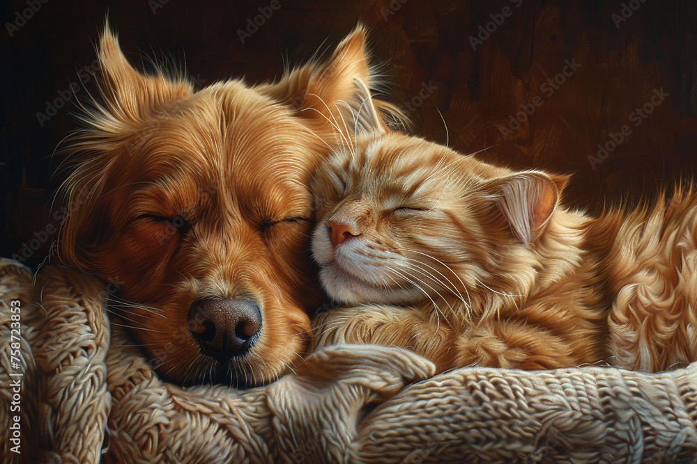 Affectionate Cat and Dog Cuddling Together Peacefully