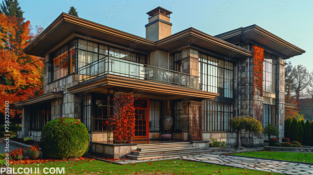 Modern luxury house with large windows, surrounded by autumn foliage, during golden hour.