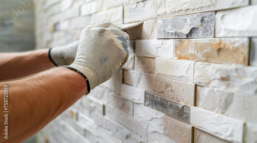 Renovation of apartments and offices, a specialist applies a fugue with a spatula to the seams between artificial stone on the wall, close-up, advertising concept for construction crews