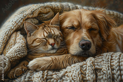 Cat and Dog Embracing in Warm Knitted Blanket
