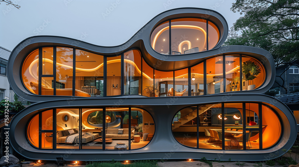 Obraz premium Modern architectural building with unique wavy design and illuminated interiors at dusk.