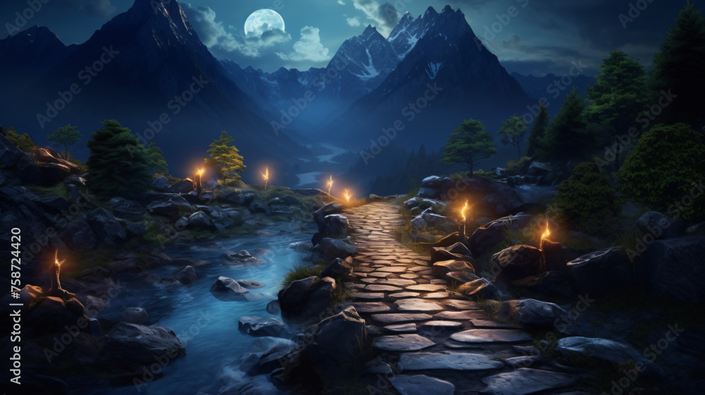 Path made of stones to the mountain through summer night