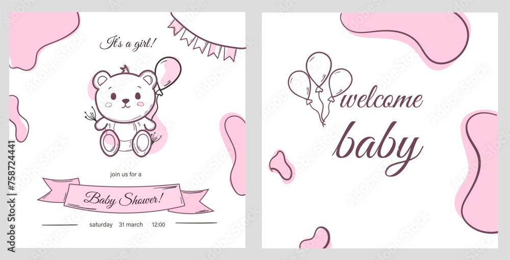 baby shower invitation template with doodle element and typography design in hand draw style. vector