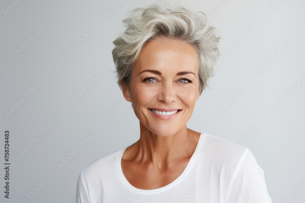 Smiling mature woman. Portrait of beautiful mature woman looking at camera and smiling while standing against grey background Smiling mature woman. Portrait of beautiful mature woman looking at camera and smiling while standing against grey background