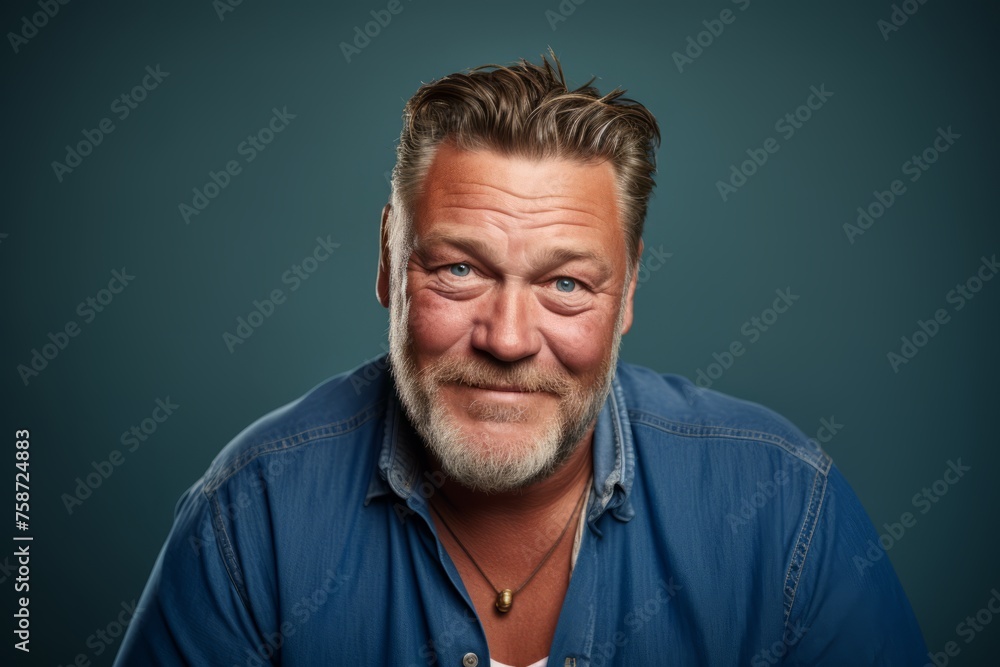 Portrait of a middle-aged man looking at camera over blue background Portrait of a middle-aged man looking at camera over blue background