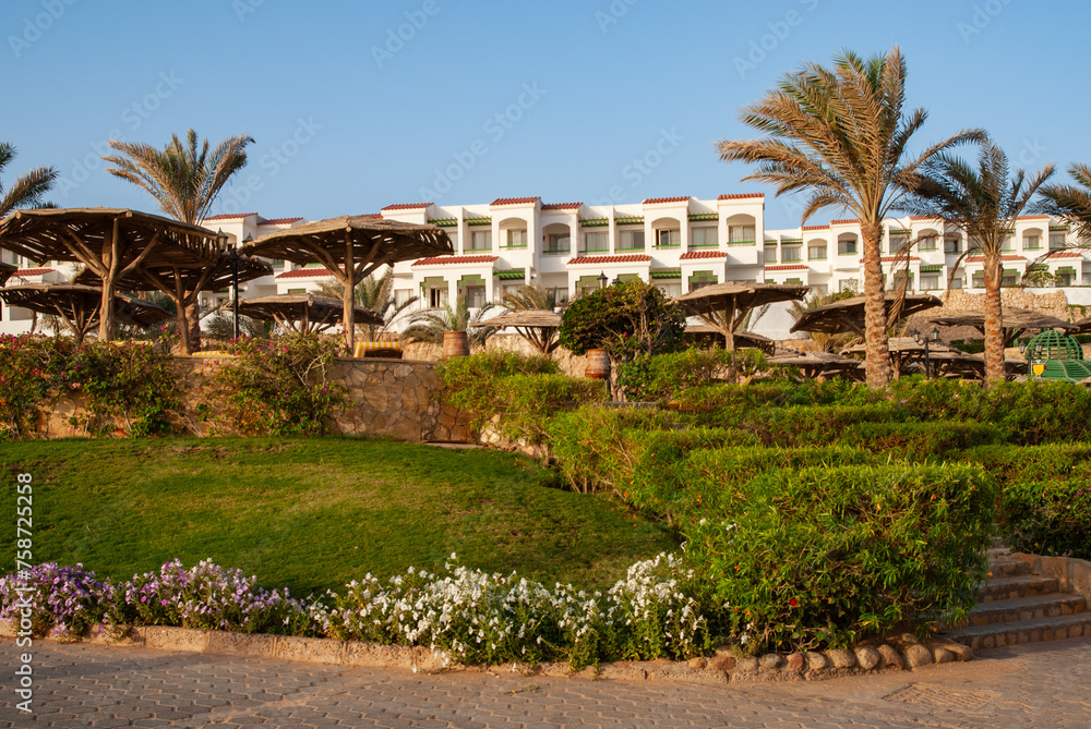 Nice modern hotel buildings in national style in desert on shores of Red Sea. Sinai peninsula. Sharm el-Sheikh, Egypt, April 23, 2008