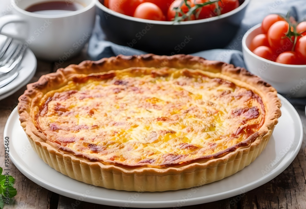 La Quiche Lorraine, une spécialité culinaire emblématique de la région de Lorraine en France, est une délicieuse tarte salée composée d'une pâte brisée garnie d'un mélange généreux d'œufs, de crème. La Quiche Lorraine, une spécialité culinaire emblématique de la région de Lorraine en France, est une délicieuse tarte salée composée d'une pâte brisée garnie d'un mélange généreux d'œufs, de crème.