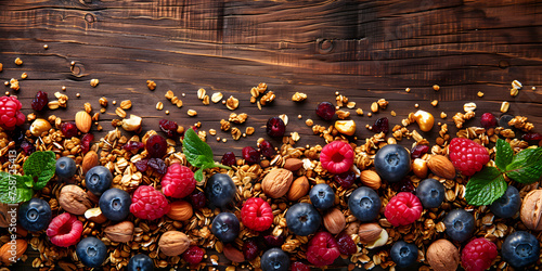 Gooseberries blueberries mulberry raspberries red currants isolated homemade granola with milk breakfast wooden table background 