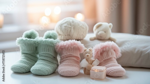 Soft baby accessories knitted image background. Pastel green and pink booties close up picture wallpaper. Little kid clothes closeup photo backdrop. Babyhood concept photography