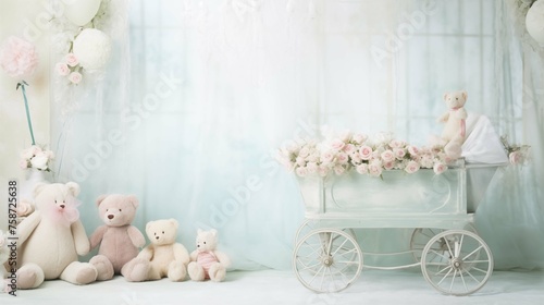 Vintage pram overflowing with roses, plush bears image background. Fairytale setting photography wallpaper. Soft, dreamy picture scene photorealistic. Babyhood concept photo realistic