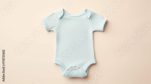 Serene pale blue onesie mockup on gentle peach background. Calmness and comfort. Bodysuit baby clothing flat lay. Blank romper template apparel top view. Babyhood concept image