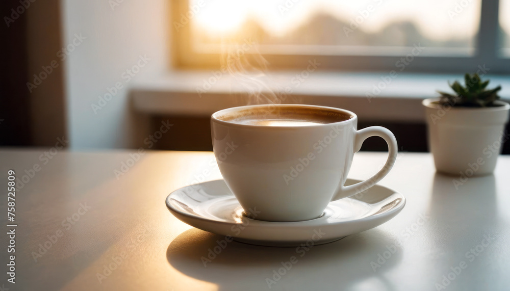 Morning Coffee: A white cup filled with steaming coffee rests on a clean white table, casting a subtle shadow. creating a serene morning scene. Morning Coffee: A white cup filled with steaming coffee rests on a clean white table, casting a subtle shadow. creating a serene morning scene.