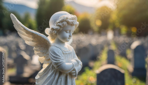 Cherub angel statue in cemetery. Prayerful guardian angel.