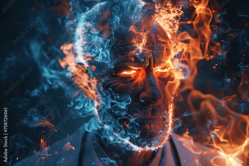 Fototapeta premium 3D ultra HD closeup of a doctor head enveloped in flames and blue smoke
