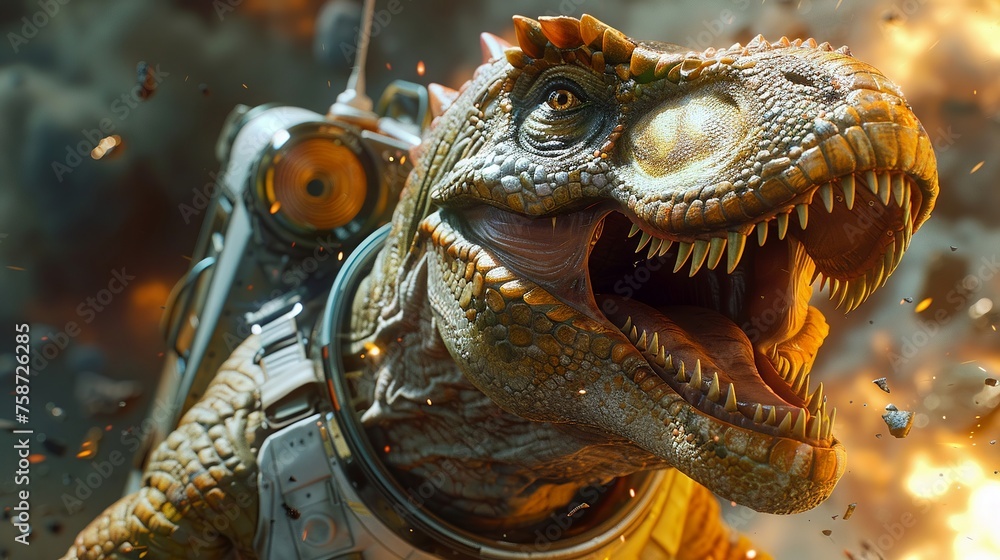 Closeup 3D CG dinosaur wearing astronaut gear Closeup 3D CG dinosaur wearing astronaut gear