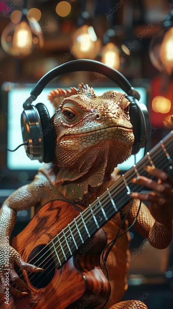 Closeup of a lizard playing guitar in headphones 3D CG