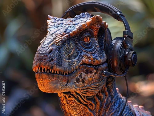Dinosaur Model Wearing Headphones Close-Up