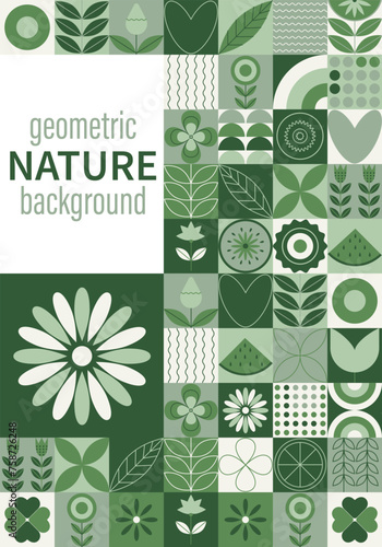 Nature Geometric background. Modern geometric pattern. Abstract nature: Trees, leaves, flowers. Mosaic set of icons in minimalist style. Poster, banner, business card template in trendy style 