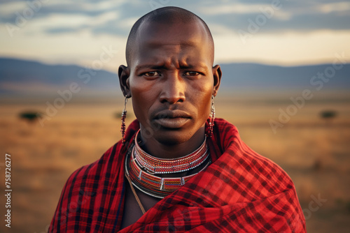 Portrait of serious Masai man in traditional attire outdoors photo