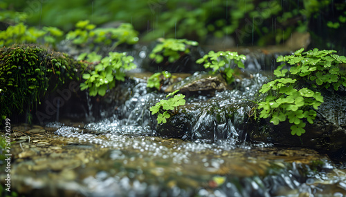 Beautiful close up of a spring stream with fresh water and young green plants, perfect for springtime concepts and nature-themed designs.