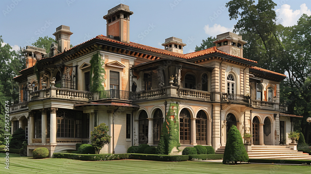 Luxurious mansion with elegant architecture, surrounded by lush greenery.