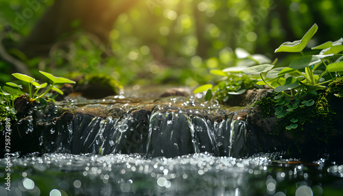 Beautiful spring detailed close up stream of fresh water with young green plants. Springtime concept, abstract outdoor wild nature background.