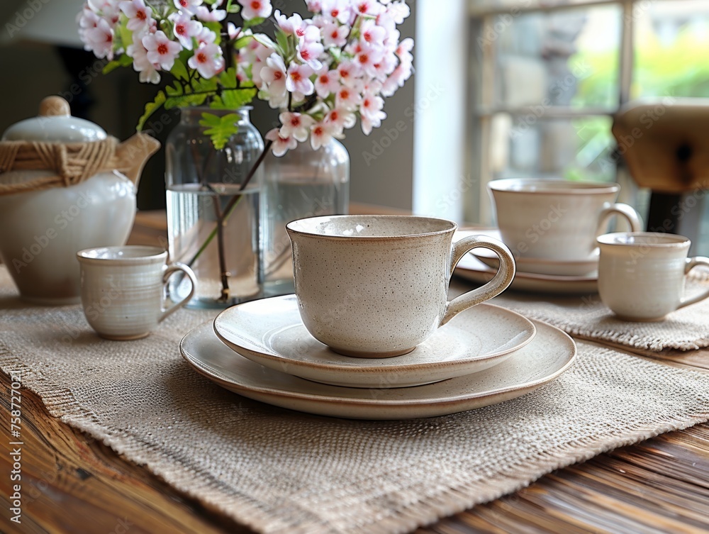 Coffee Cup and Saucer on Plate with Flowers in Vase Coffee Cup and Saucer on Plate with Flowers in Vase