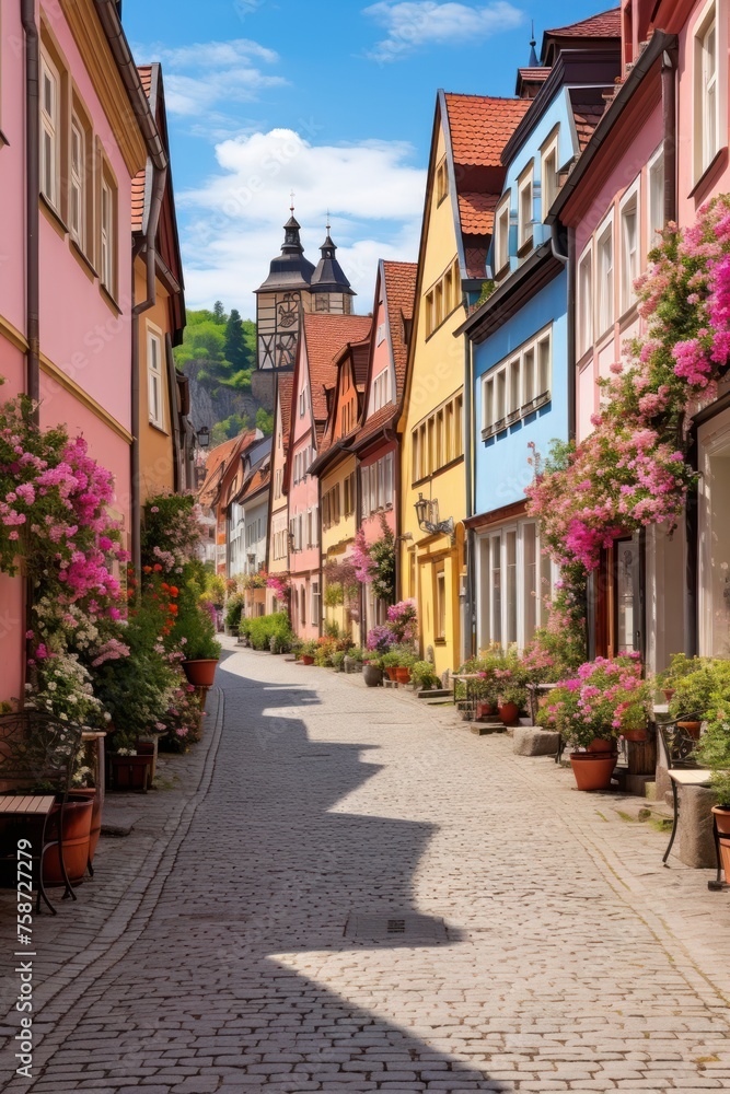 Historic cobblestone alley with blooming flowers