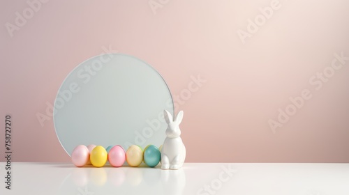 Pastel Easter eggs with white rabbit figurine and mirror on table