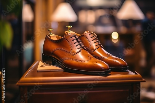 Handcrafted brown leather shoes showcased on wooden table