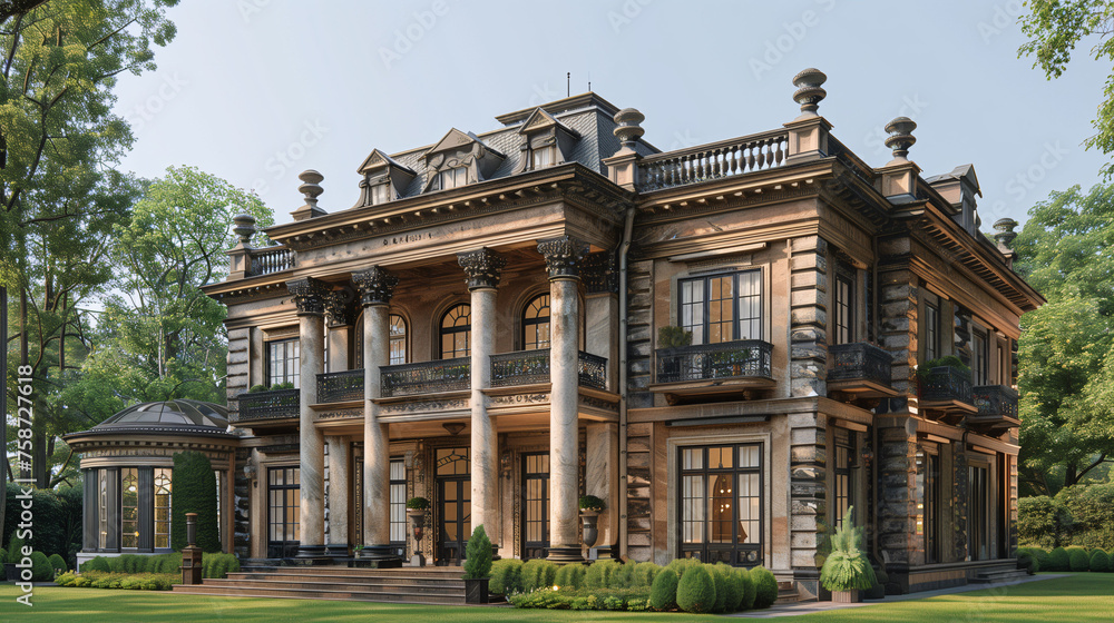 Naklejka premium Luxurious classic mansion exterior with lush greenery on a sunny day.