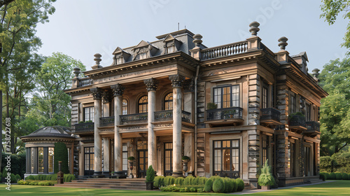 Luxurious classic mansion exterior with lush greenery on a sunny day.