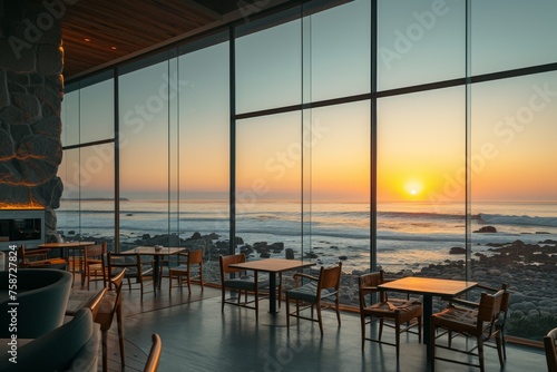 A trendy seaside cafe with sleek modern decor photo