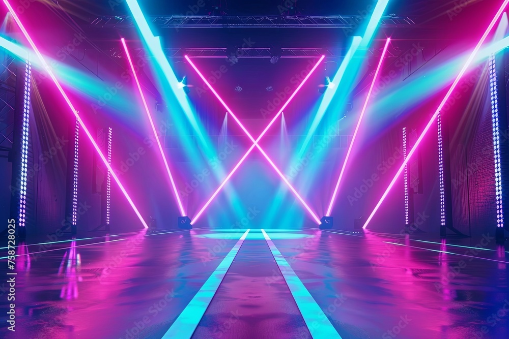 A big stage with neon lights and light beams on the backdrop wall background - obrazy, fototapety, plakaty 