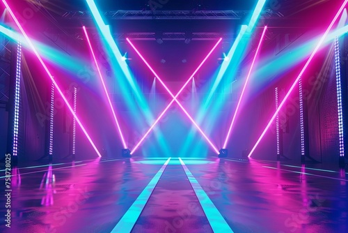 A big stage with neon lights and light beams on the backdrop wall background photo