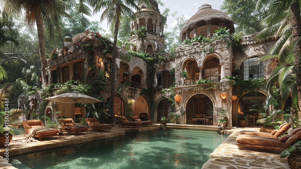 Luxurious jungle resort with a tranquil pool surrounded by lush greenery and exotic architecture.
