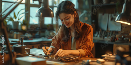 Goldschmiedin sitzt in ihrer Werkstatt und bearbeitet ein Schmuckstück photo