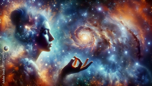 Stellar Meditation. Woman in Deep Meditation Among the Stars