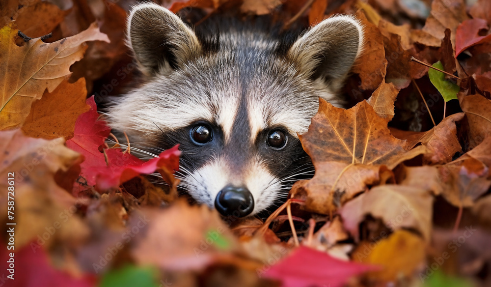 a raccoon is hiding in the leaves of a forest floor with its head peeking out of the leaves a raccoon is hiding in the leaves of a forest floor with its head peeking out of the leaves