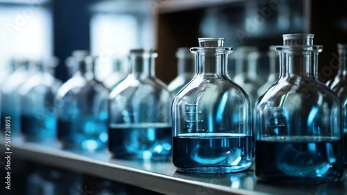 Blue liquid in glass flasks on laboratory