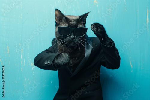 Tough black cat dons sunglasses and a suit, exuding a cool, secret agent vibe as it raises a paw in a charismatic gesture. Copy space for text