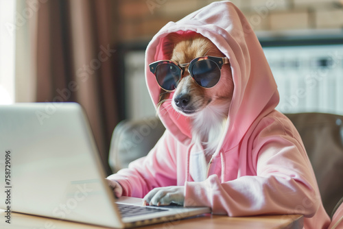 A dog in a pink hoodie and stylish sunglasses a trendy animal influencer, working on a laptop.