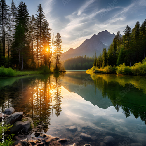 Sunset Reflections: A Serene Lake Amidst Lush Greenery and Distant Mountains - Nature Stock Photo