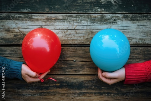 Two people holding balloons, one red and one blue