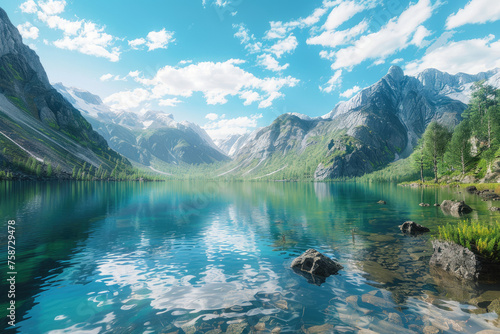 A breathtaking view of the Altai lake in Siberia, surrounded by majestic mountains and lush greenery under clear blue skies