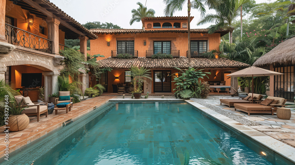 Luxurious tropical villa with a swimming pool, patio area, and lush greenery.
