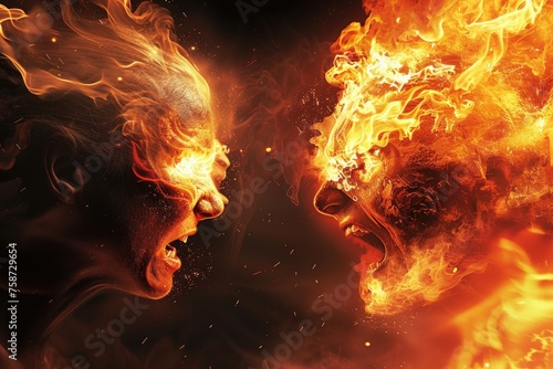 Two people are fighting in a fiery battle