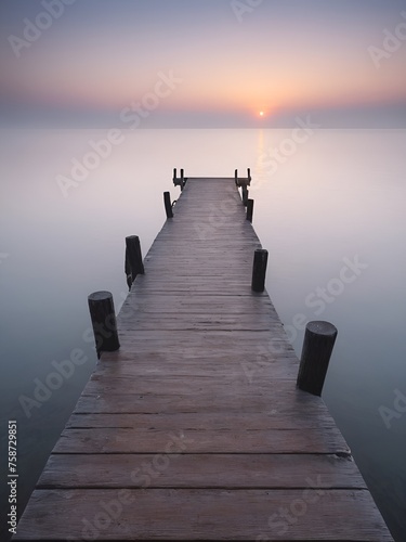 A wooden pier at misty dawn in a still sea